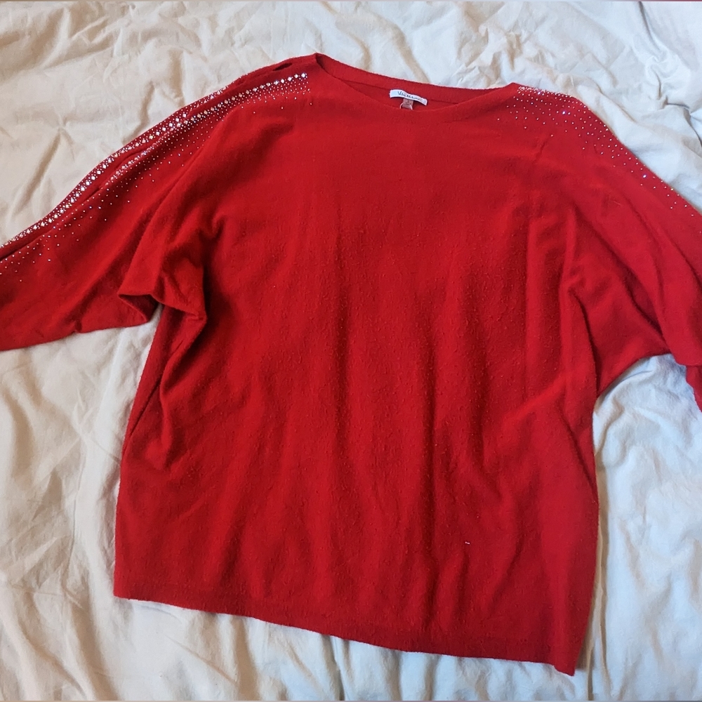 Dolman Sleeve Red Sweater with Gem Detail Size Large